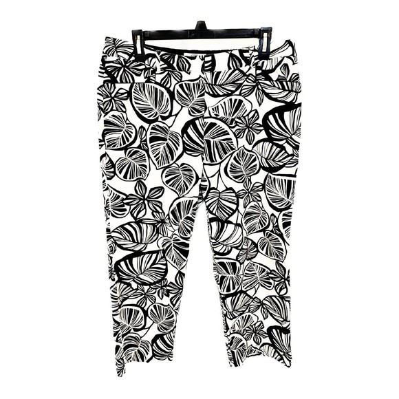 Talbots Petites Stretch Black White Leaf Print Cropped Pants Capris Palm Sz 14 - Picture 1 of 5
